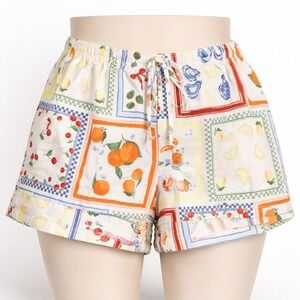 Fruit Print Patchwork Linen Shorts Size S Multicolor Cottagecore Beach Summer
